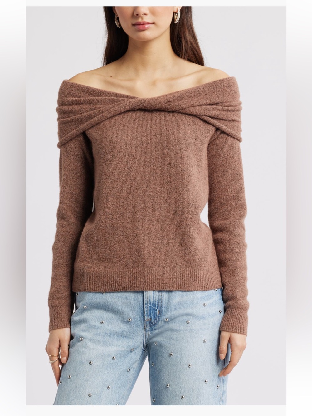 Open Edit Twisted Collar Sweater off the shoulder brown  topaz medium NWT
